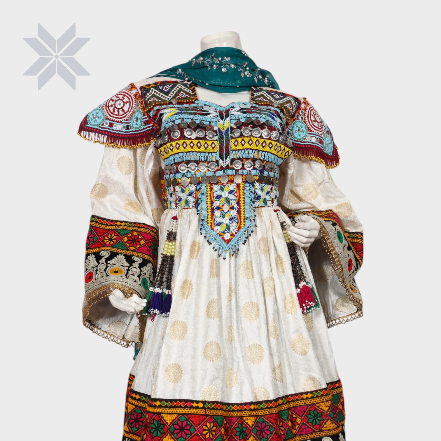 White and Teal Traditional Afghani Dress