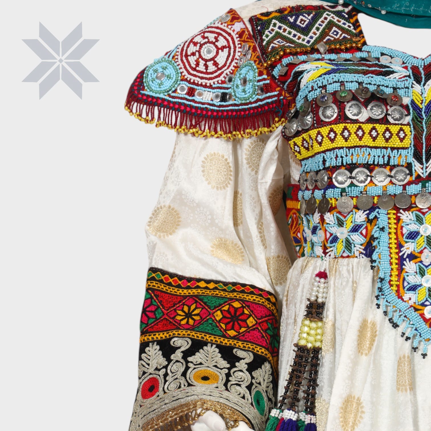 White and Teal Traditional Afghani Dress