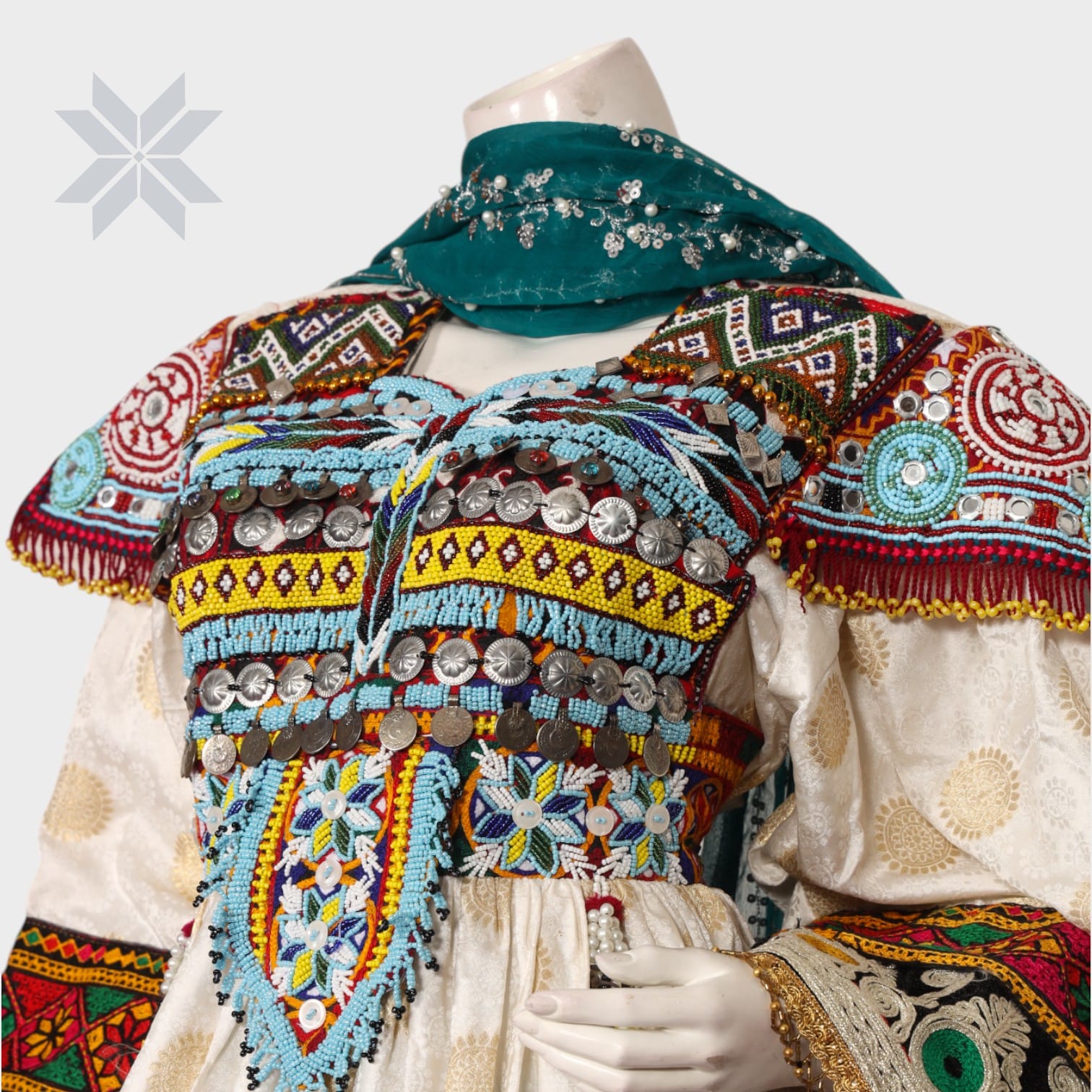 White and Teal Traditional Afghani Dress