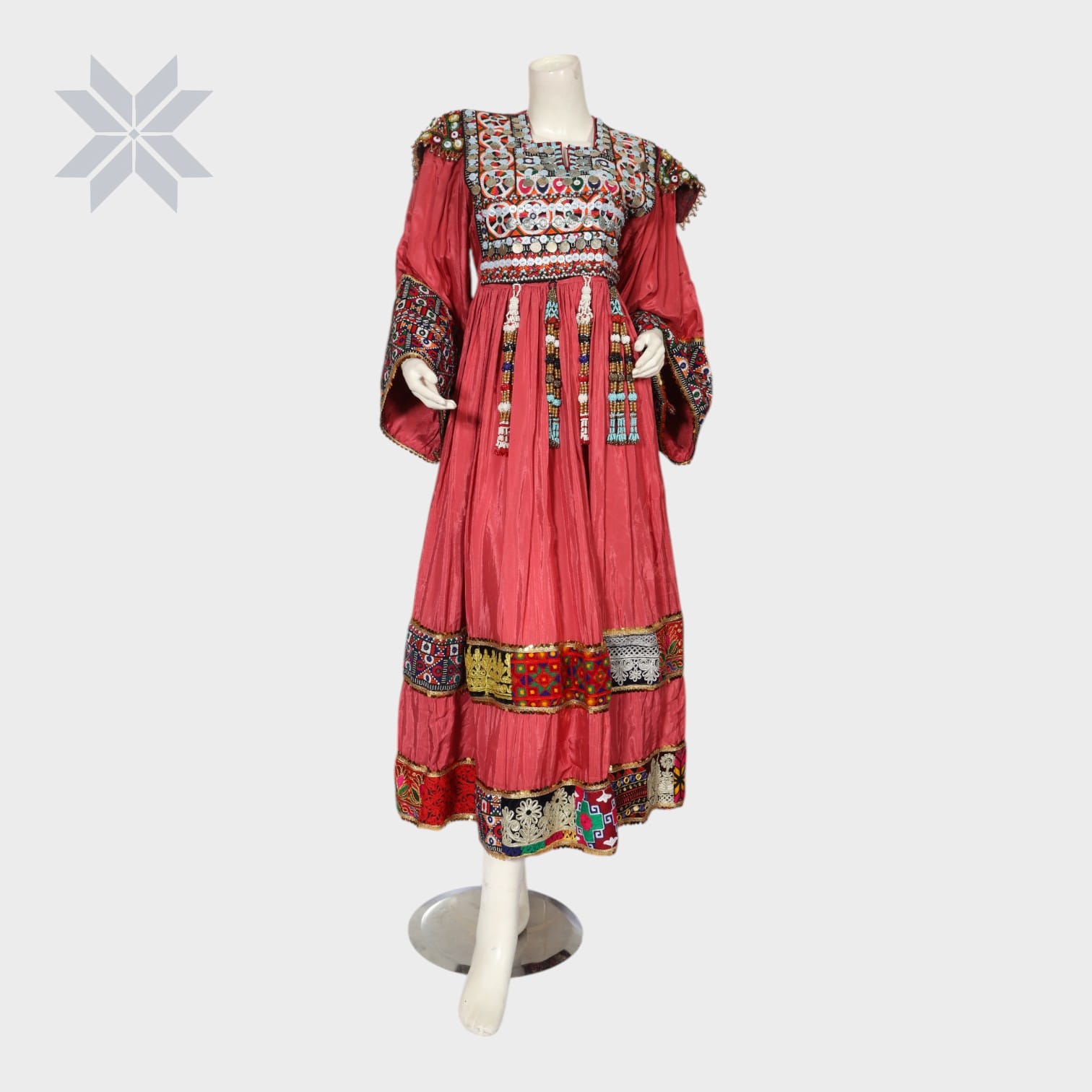 Rose Red Traditional Afghani Dress with Embroidered Patches