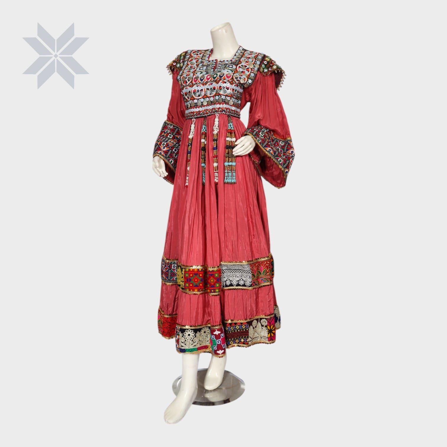 Rose Red Traditional Afghani Dress with Embroidered Patches