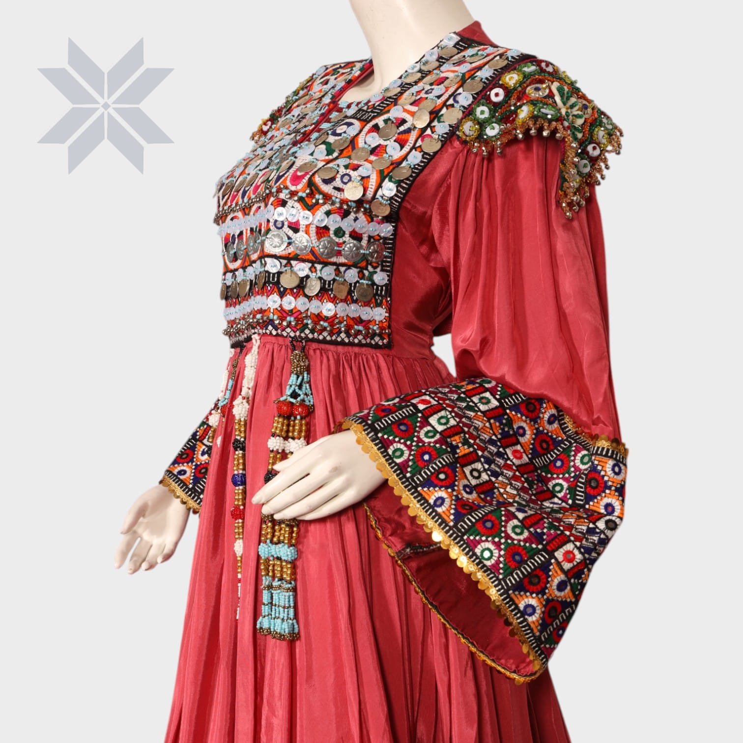 Rose Red Traditional Afghani Dress with Embroidered Patches