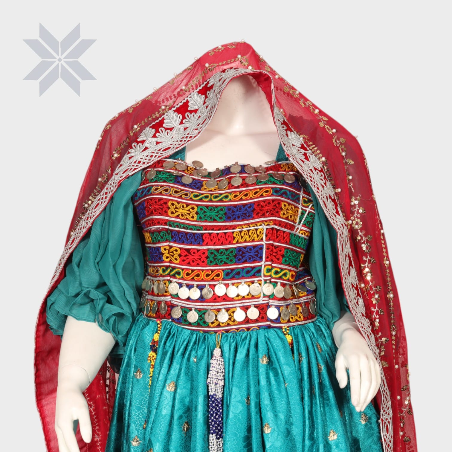  Turquoise and Red Traditional Afghani Dress Set