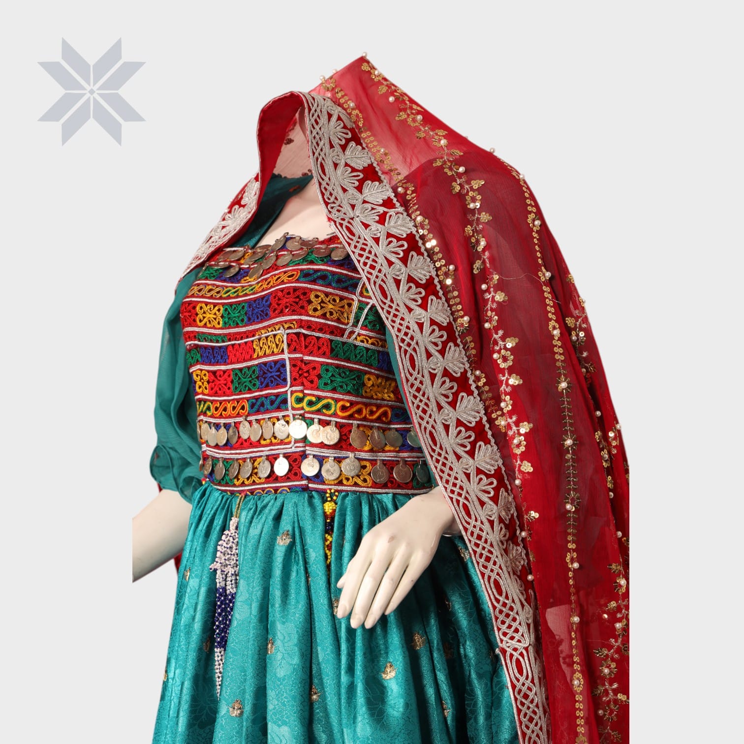  Turquoise and Red Traditional Afghani Dress Set