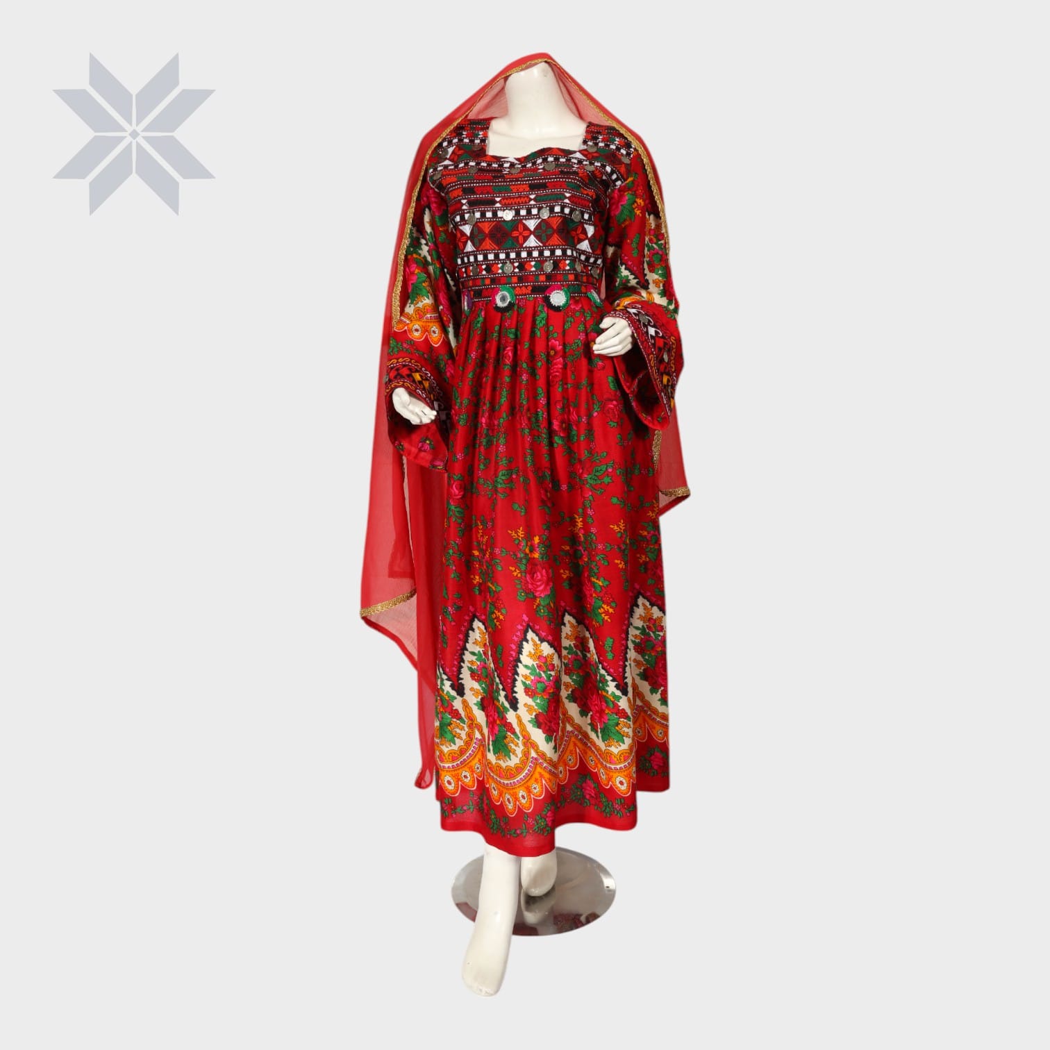 Red Floral Embroidered Traditional Afghani Dress