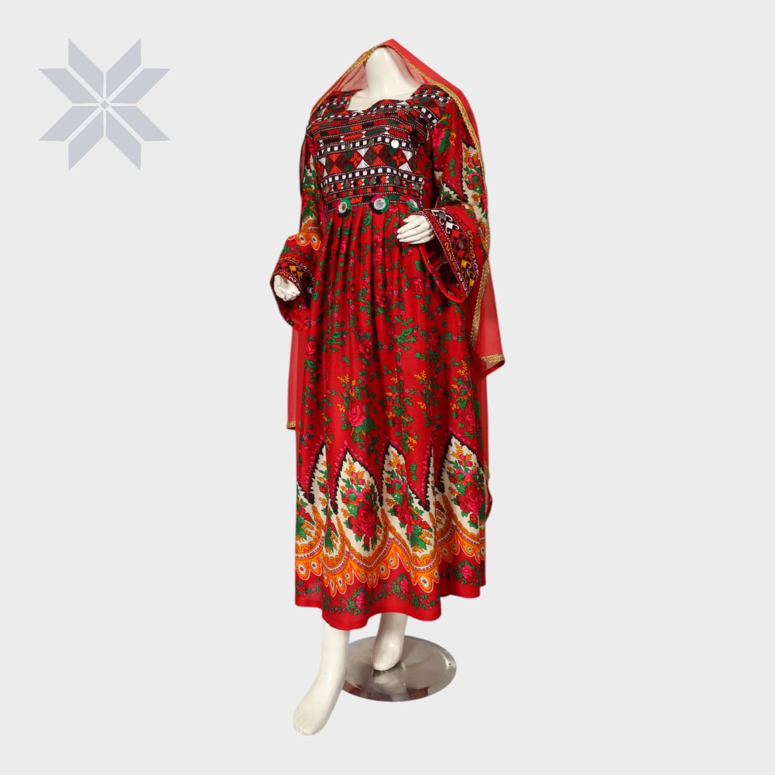Red Floral Embroidered Traditional Afghani Dress