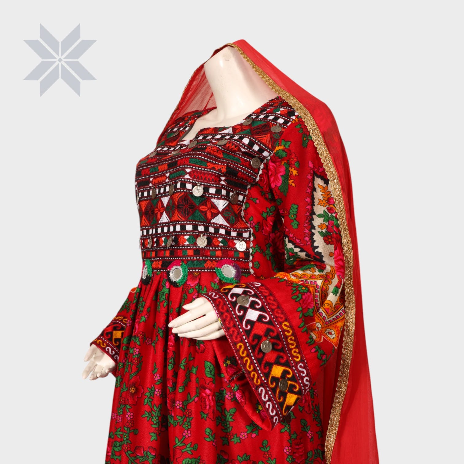 Red Floral Embroidered Traditional Afghani Dress