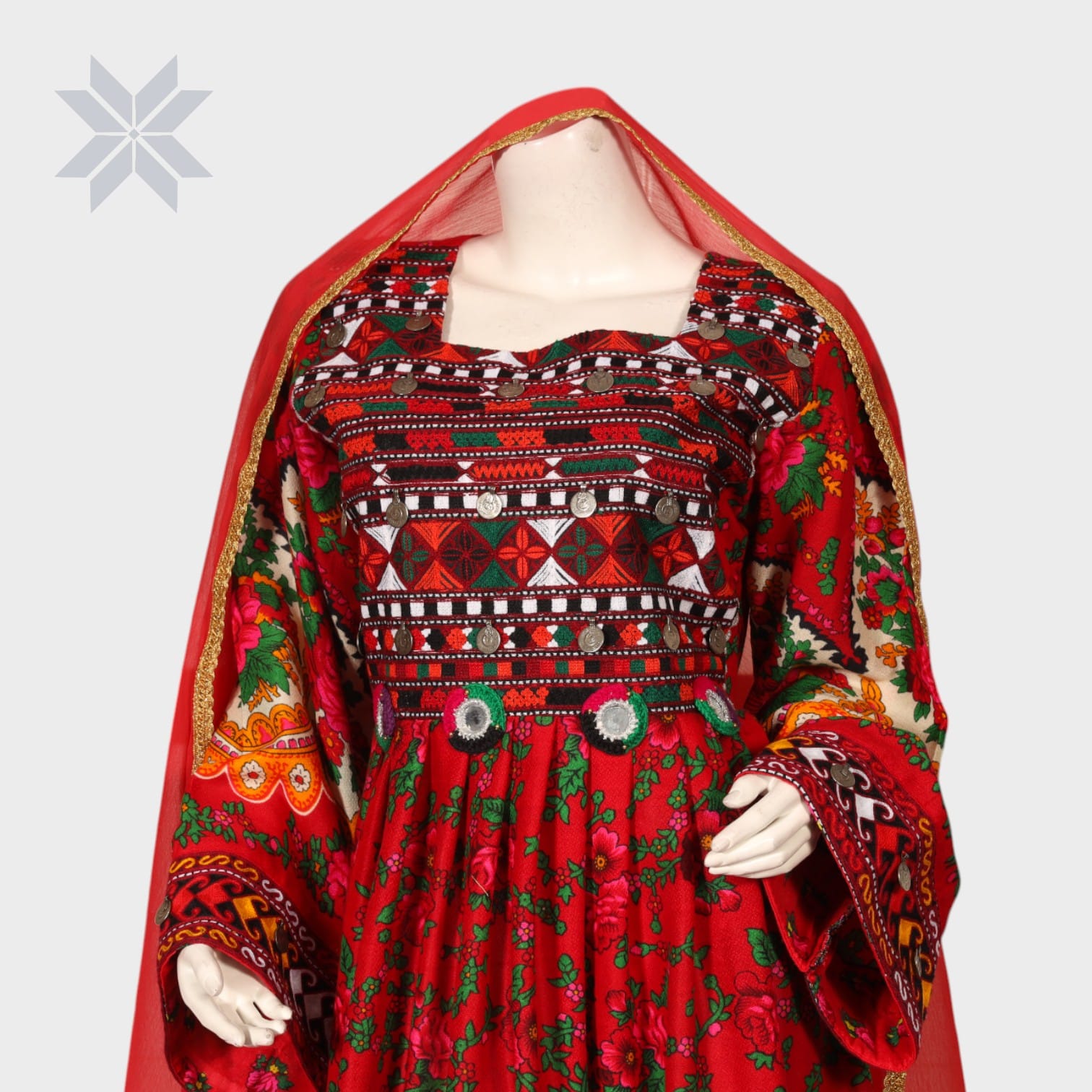 Red Floral Embroidered Traditional Afghani Dress