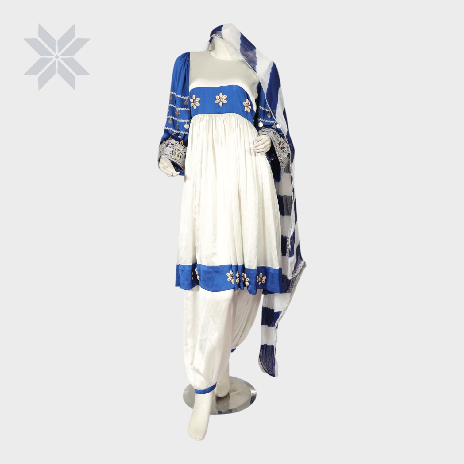 White and Royal Blue Traditional Afghani Dress