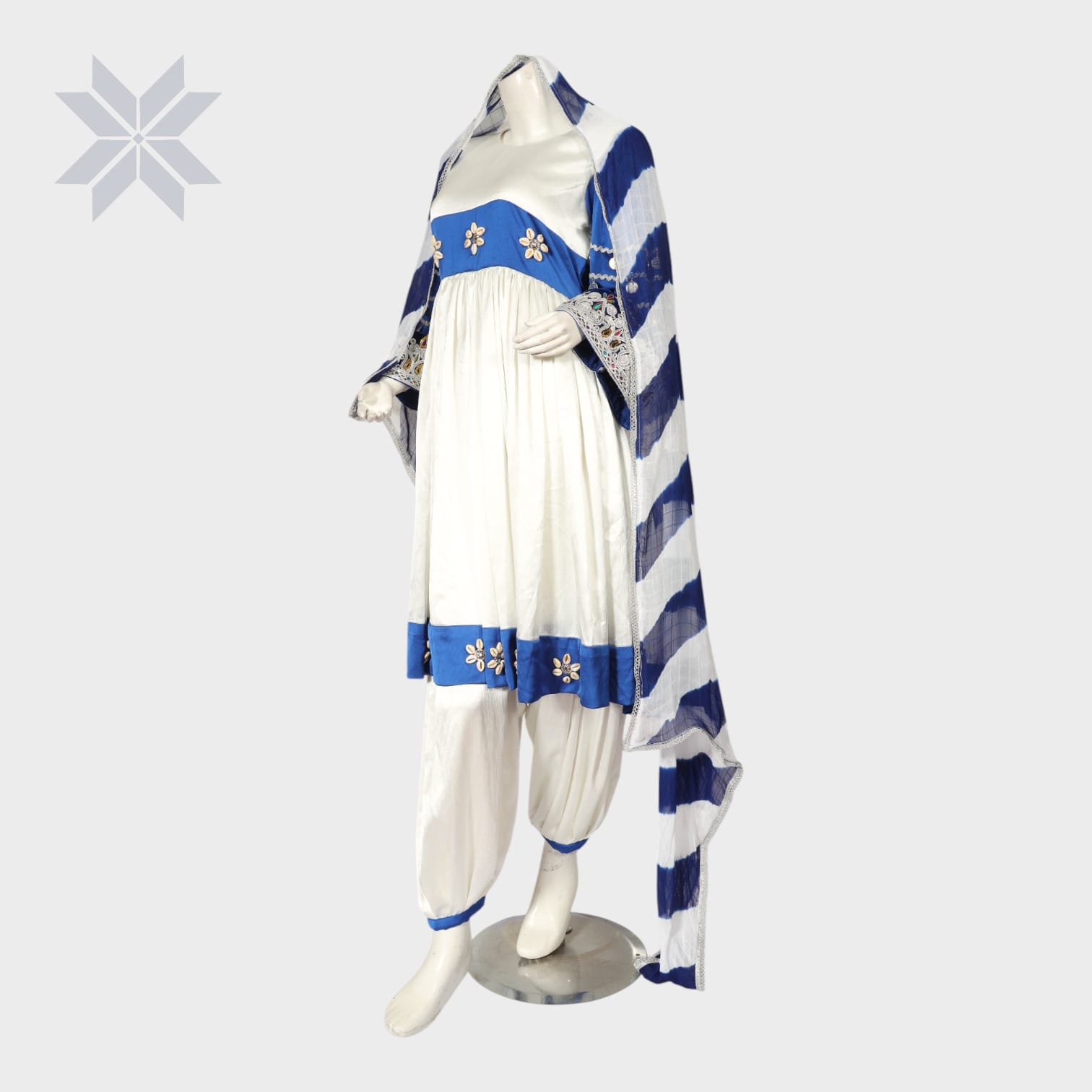 White and Royal Blue Traditional Afghani Dress