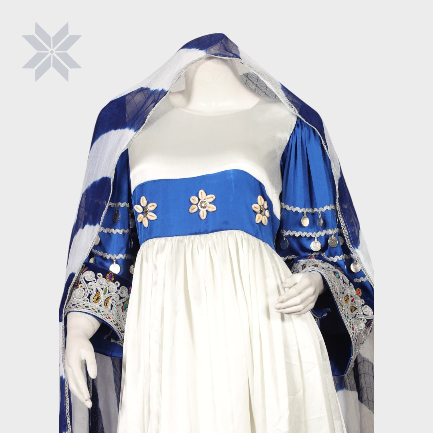 White and Royal Blue Traditional Afghani Dress