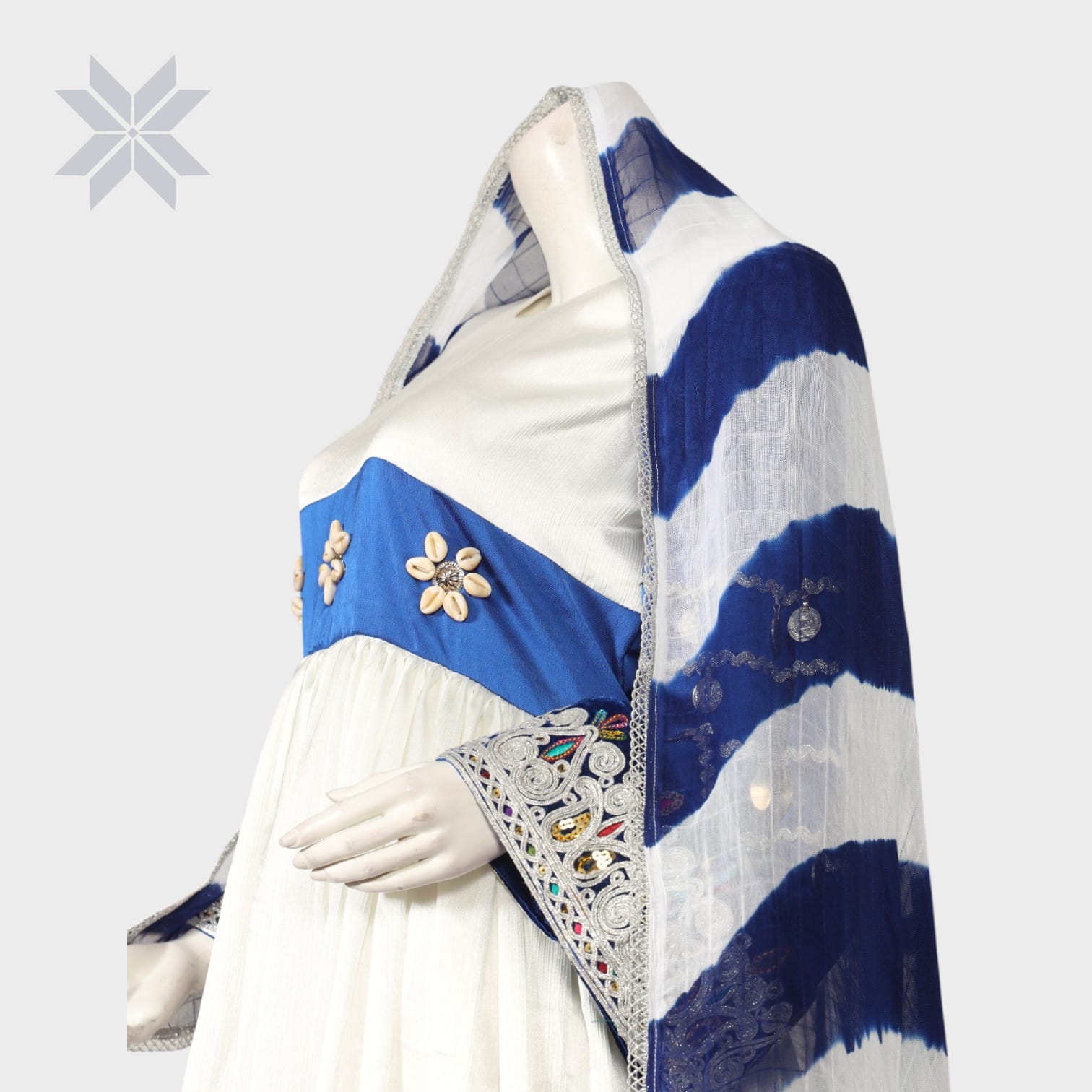 White and Royal Blue Traditional Afghani Dress