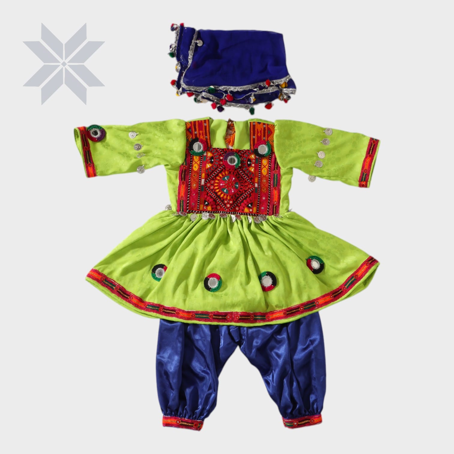 Lime Green & Royal Blue Embroidered Afghani Dress Set kids | Aseel