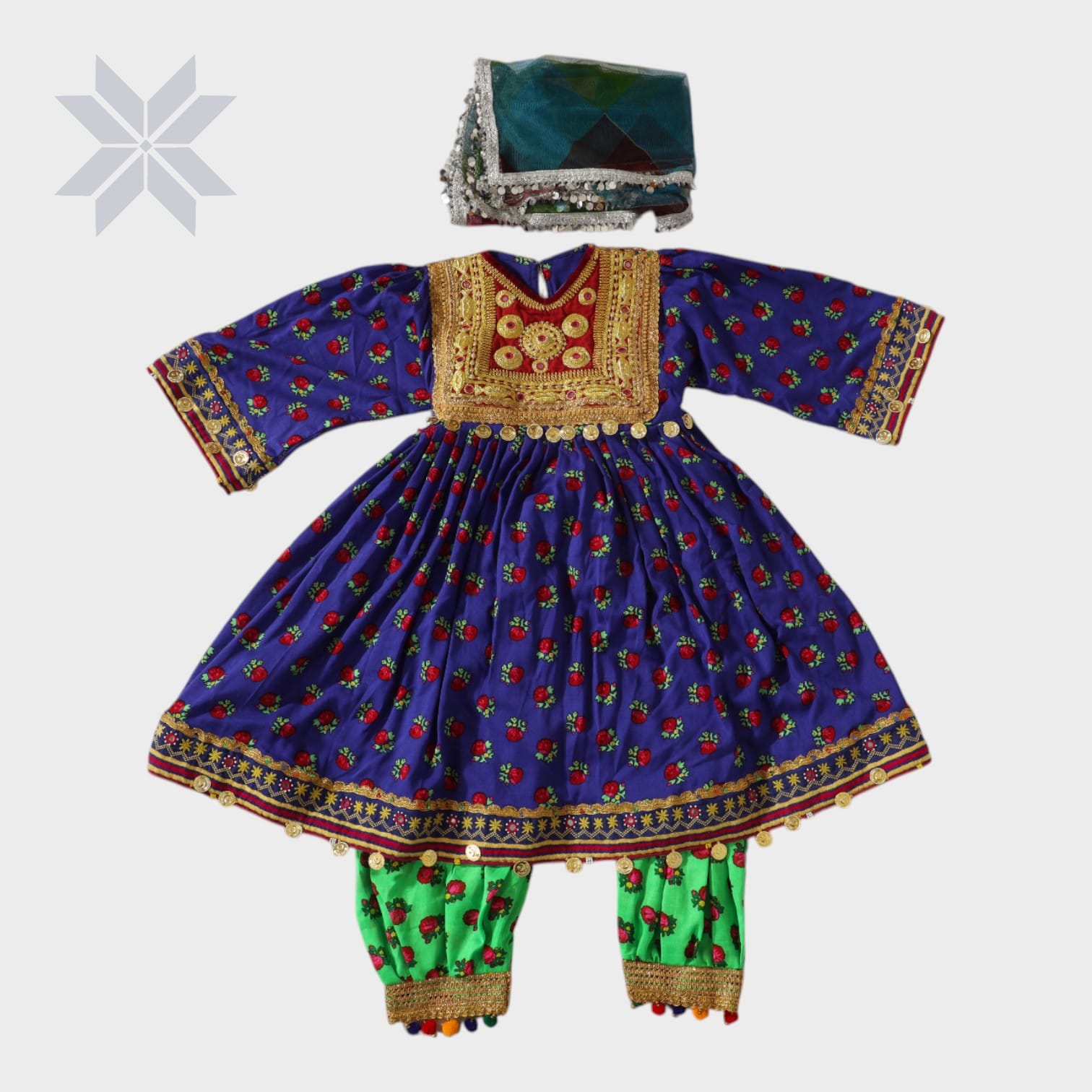Royal Blue & Green Embroidered Traditional Afghani Dress Set kids