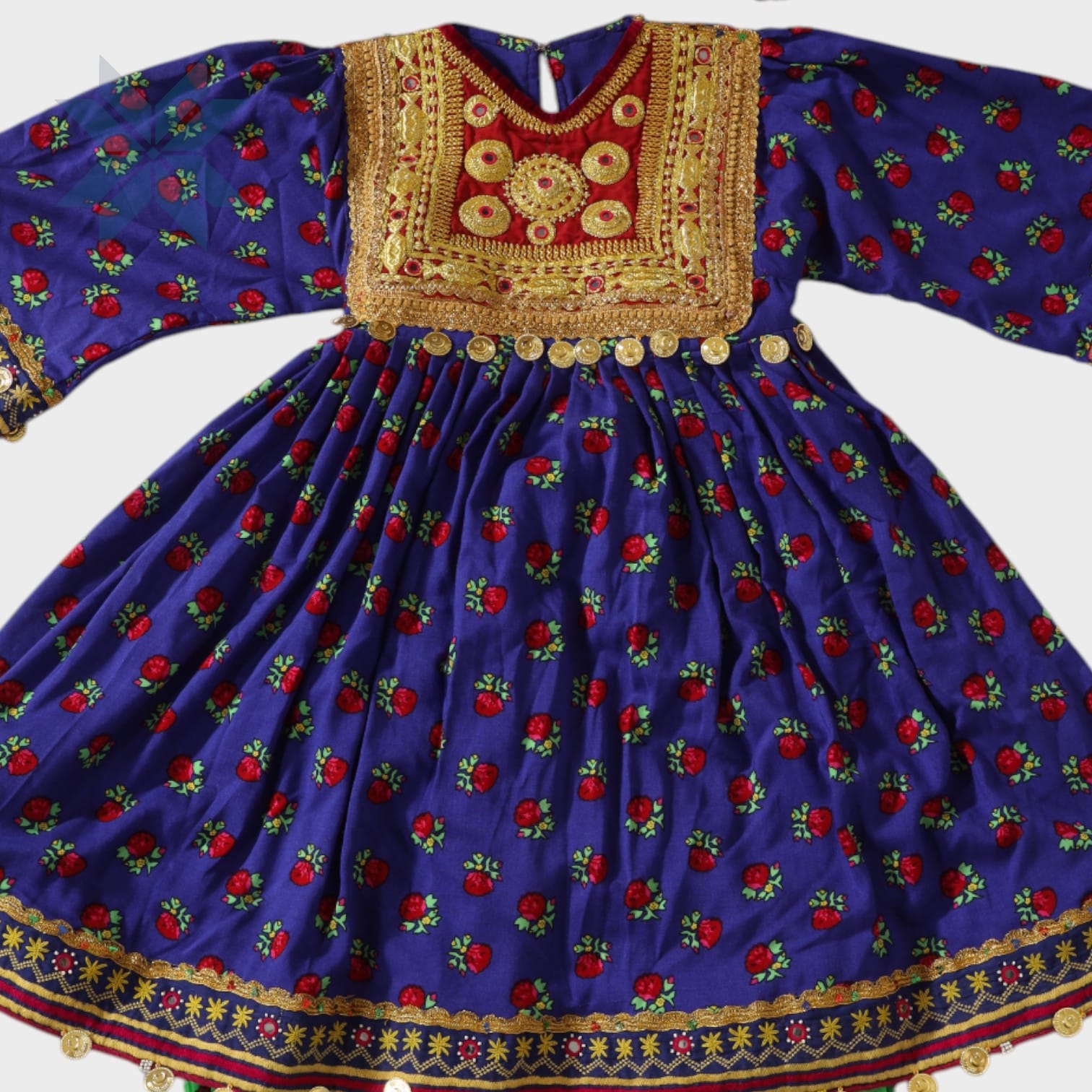 Royal Blue & Green Embroidered Traditional Afghani Dress Set kids