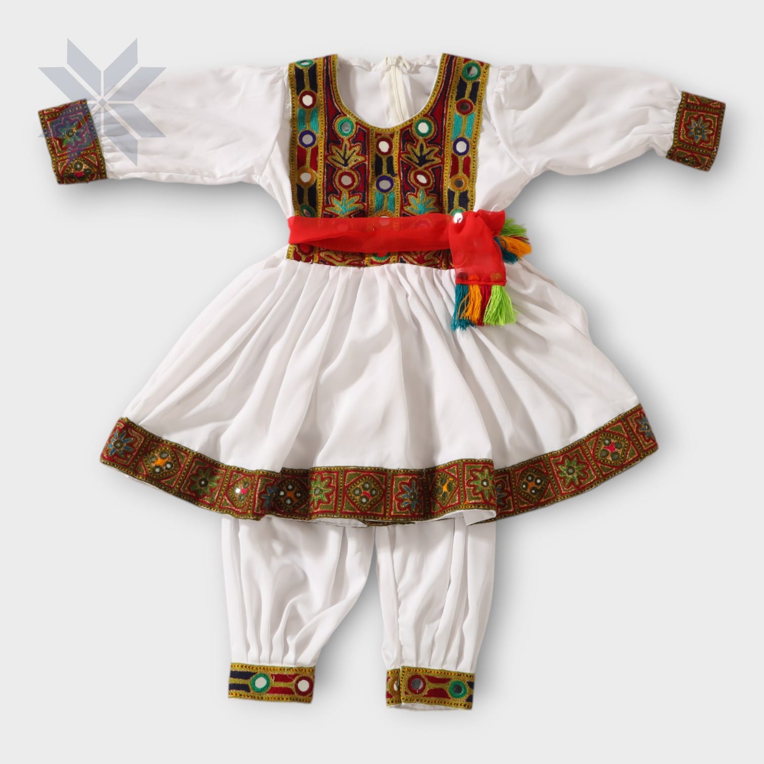 White Embroidered Traditional Afghani Dress Set (Kids)