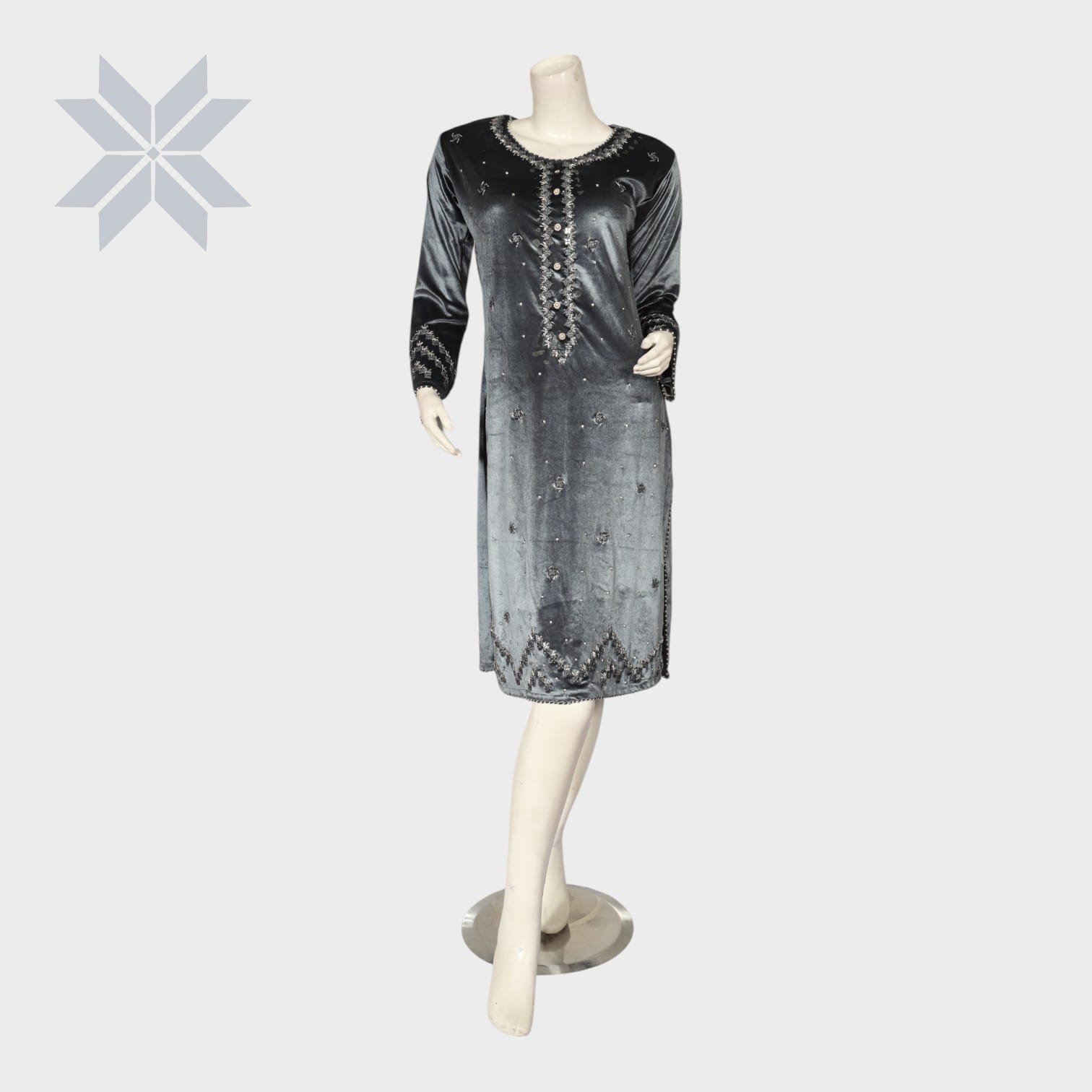 Charcoal Grey Embellished Velvet Tunic Dress