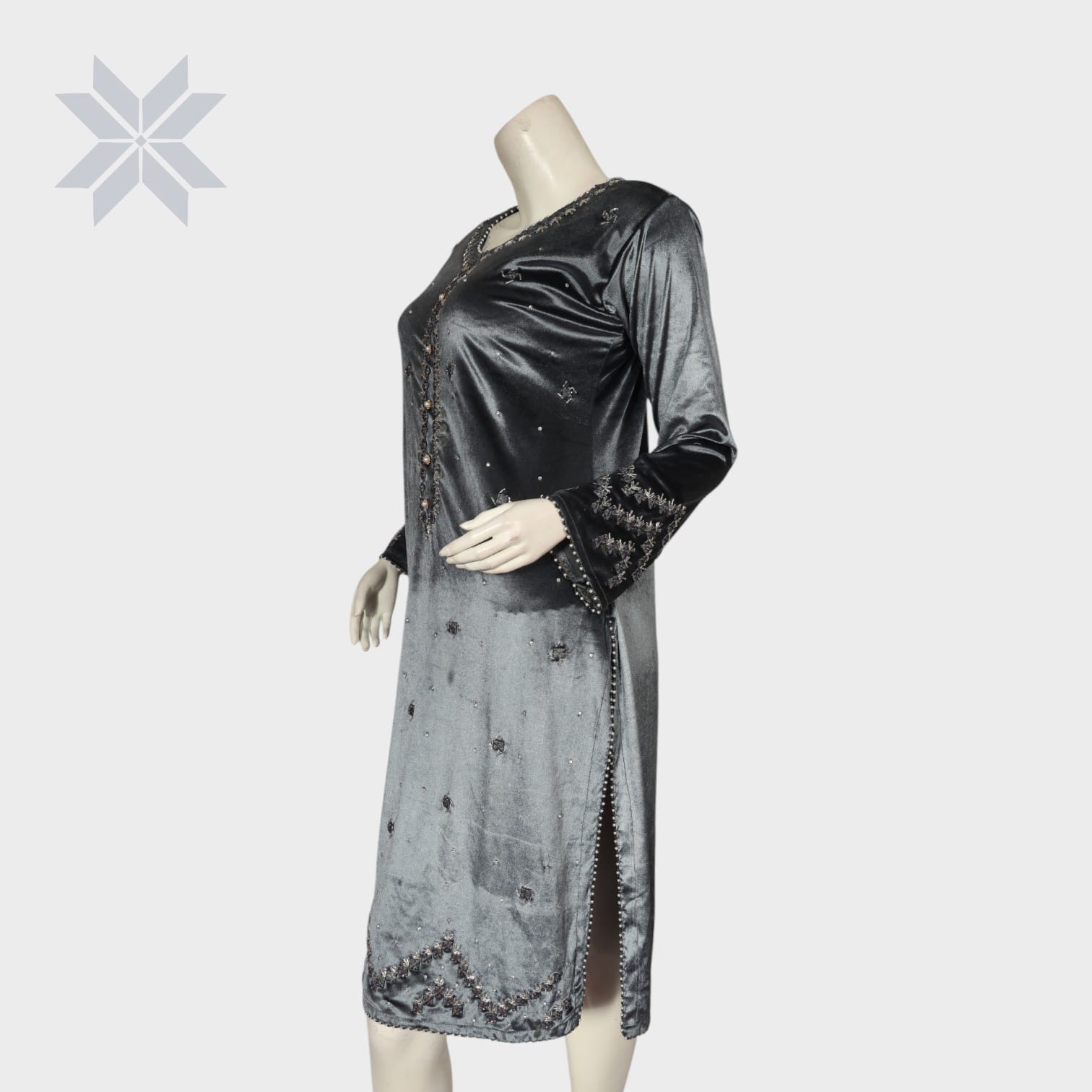 Charcoal Grey Embellished Velvet Tunic Dress