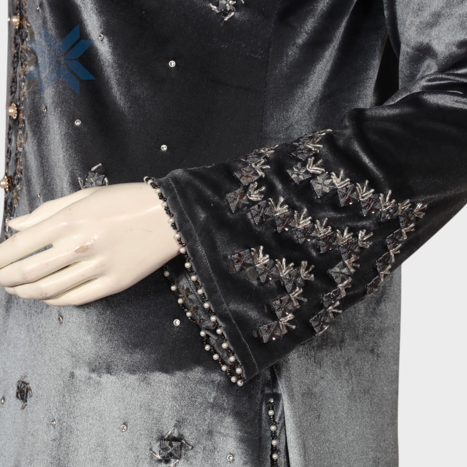 Charcoal Grey Embellished Velvet Tunic Dress