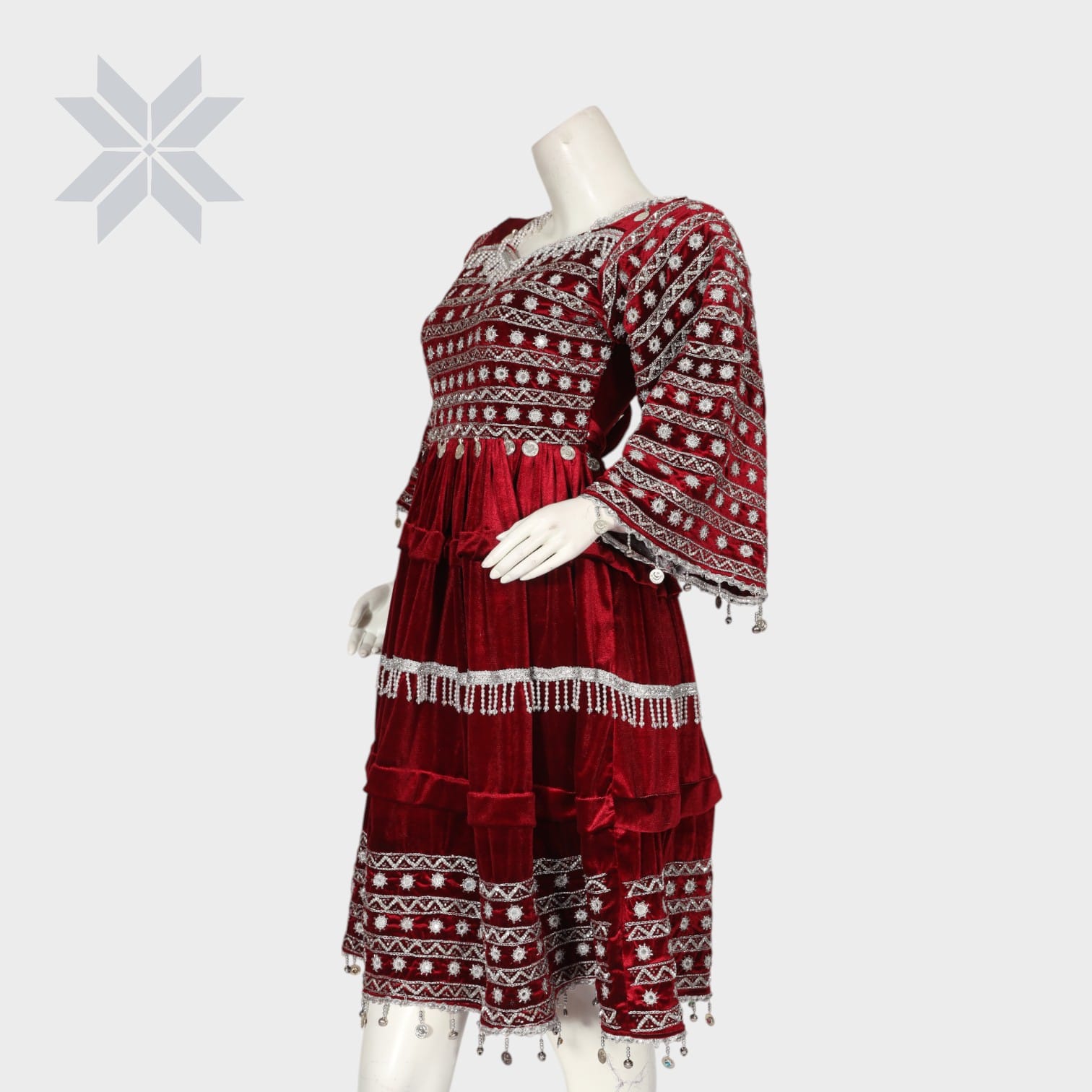 Maroon Embroidered Velvet Afghani Dress