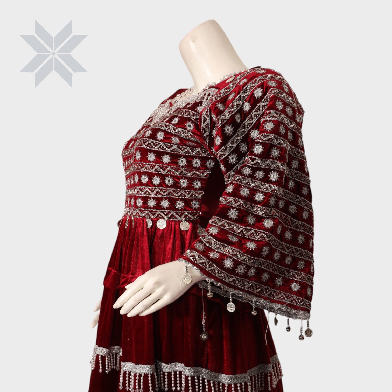 Maroon Embroidered Velvet Afghani Dress