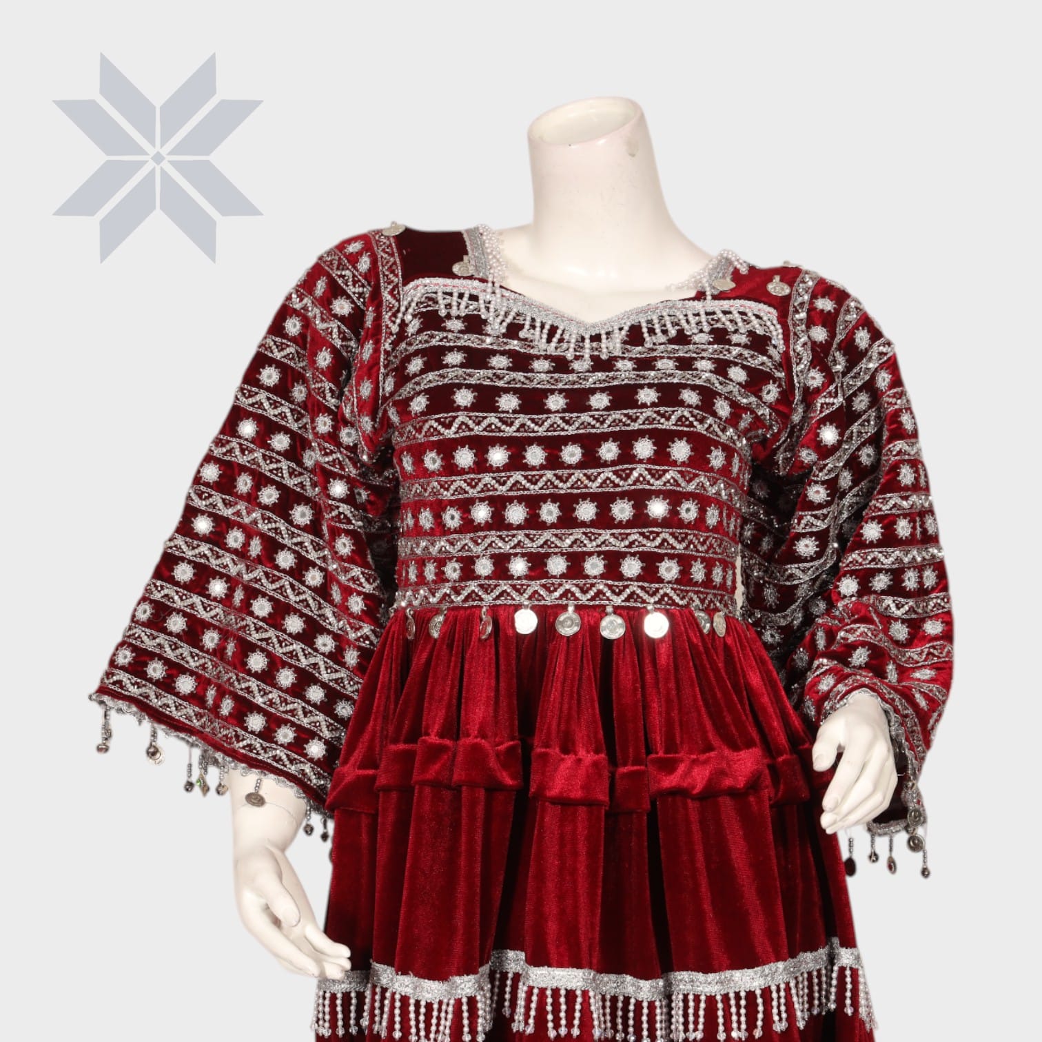 Maroon Embroidered Velvet Afghani Dress