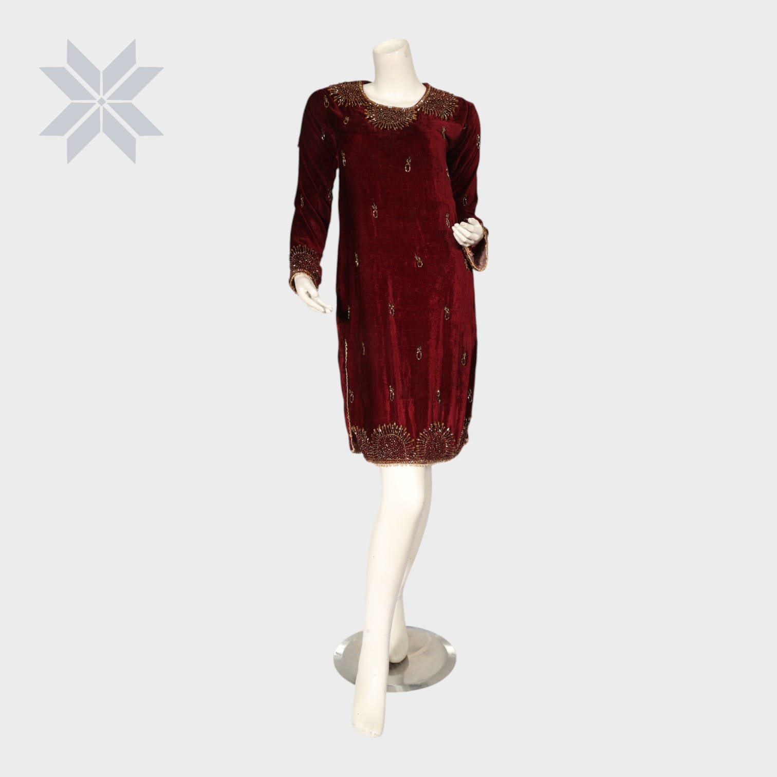 Maroon Hand-Embroidered Velvet Formal Dress