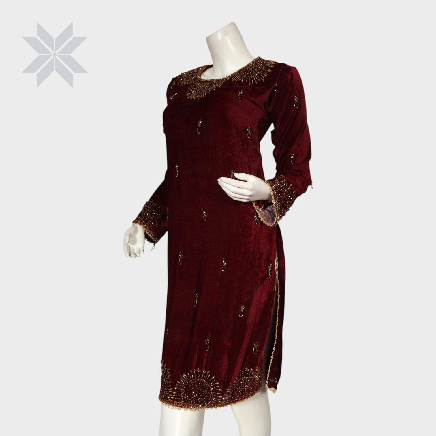 Maroon Hand-Embroidered Velvet Formal Dress
