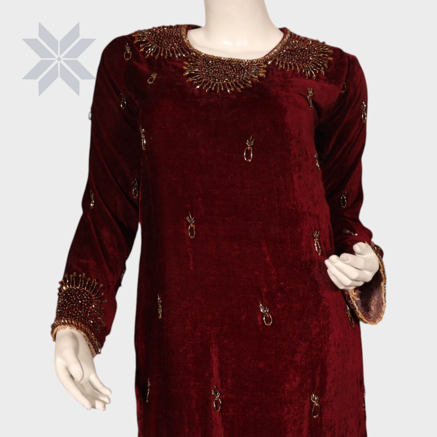 Maroon Hand-Embroidered Velvet Formal Dress