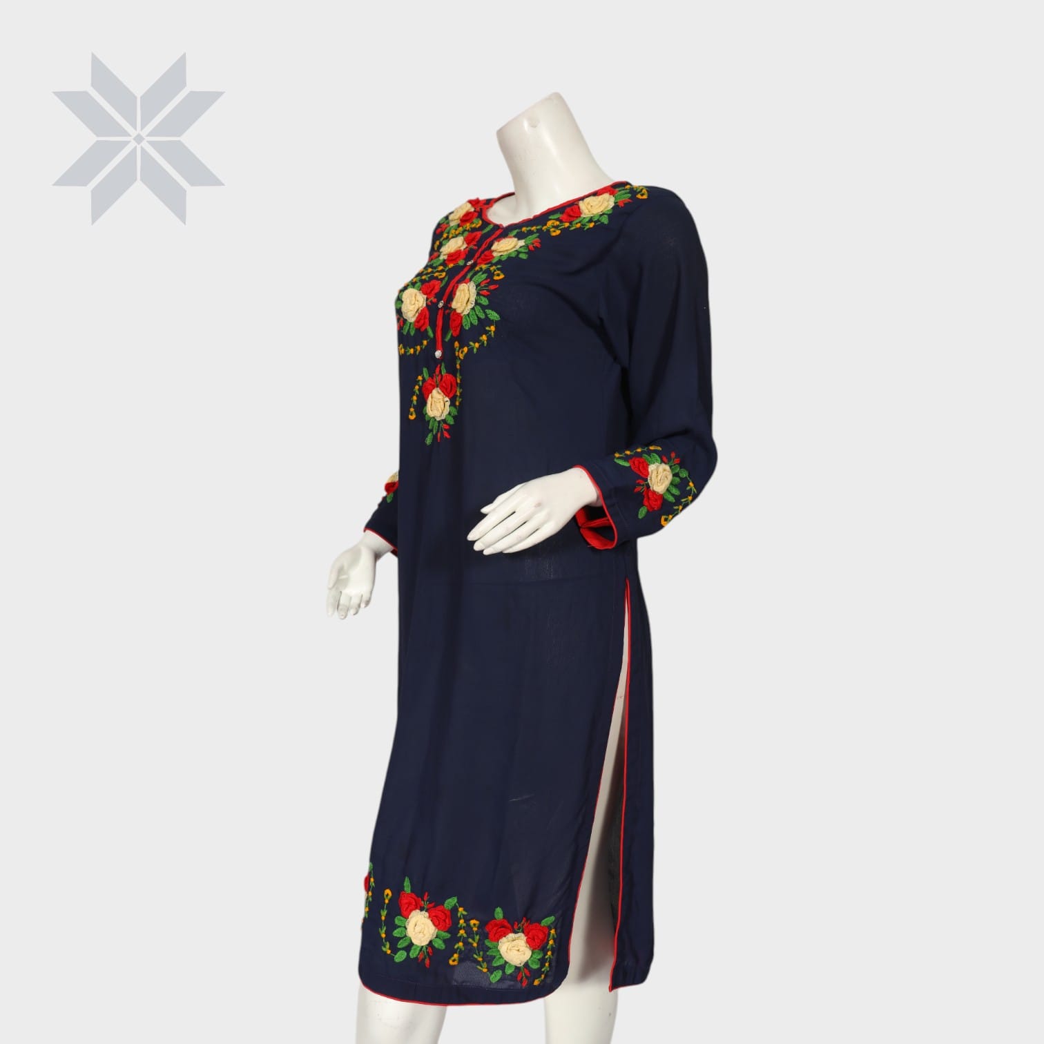 Navy Blue Floral Embroidered Cotton Kurti