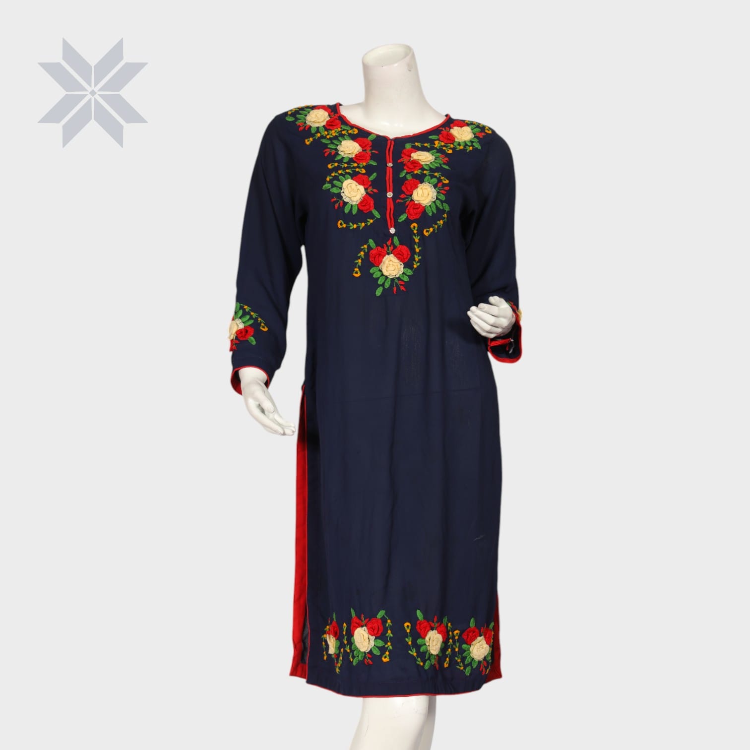 Navy Blue Floral Embroidered Cotton Kurti