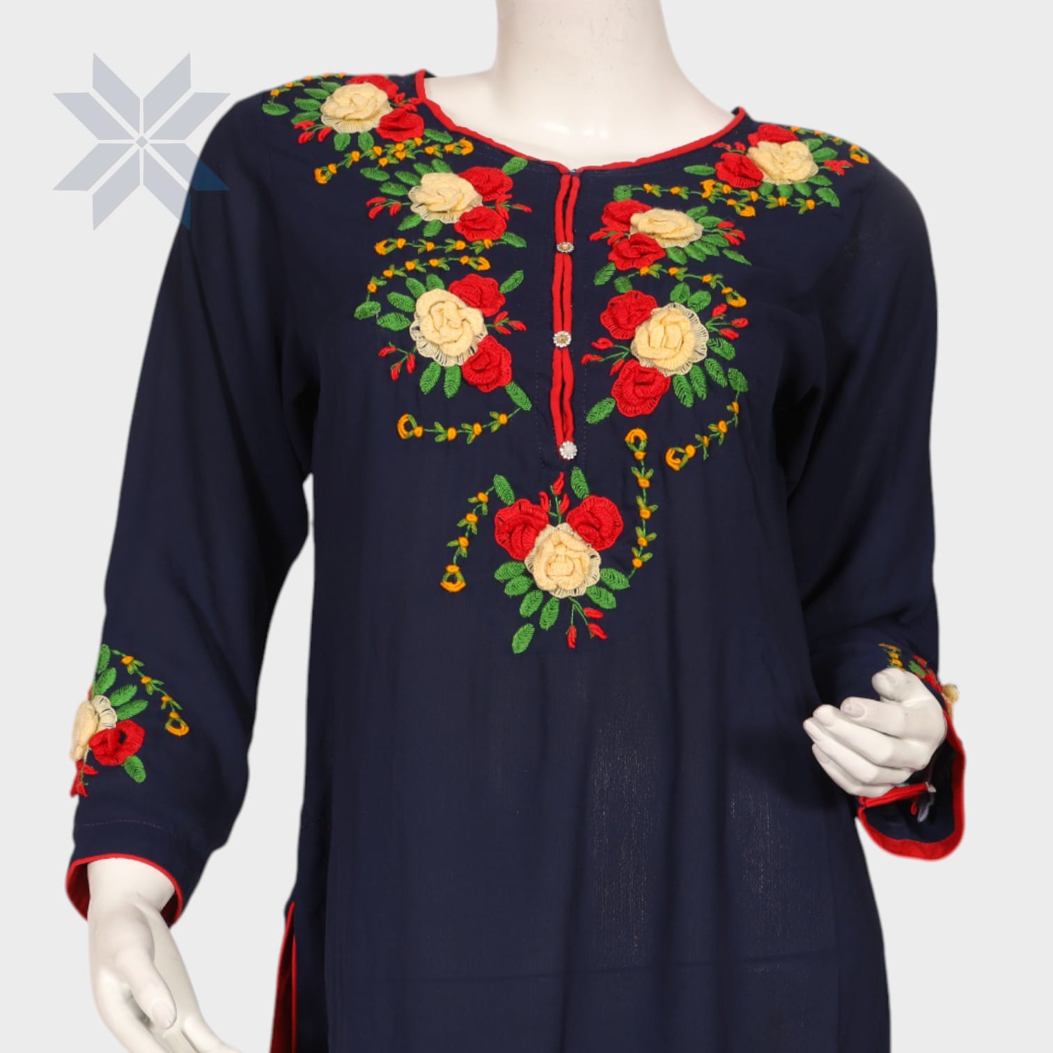 Navy Blue Floral Embroidered Cotton Kurti