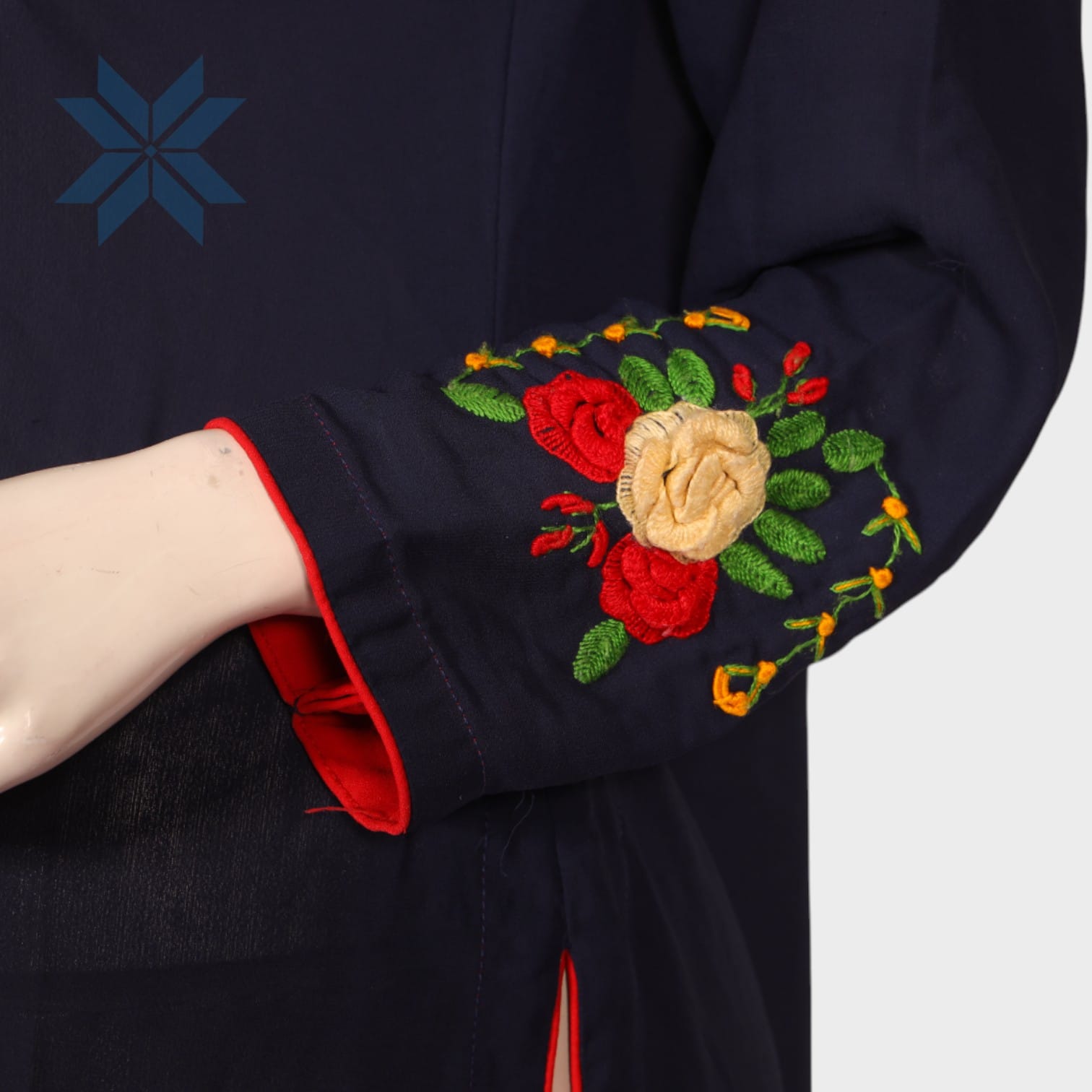 Navy Blue Floral Embroidered Cotton Kurti