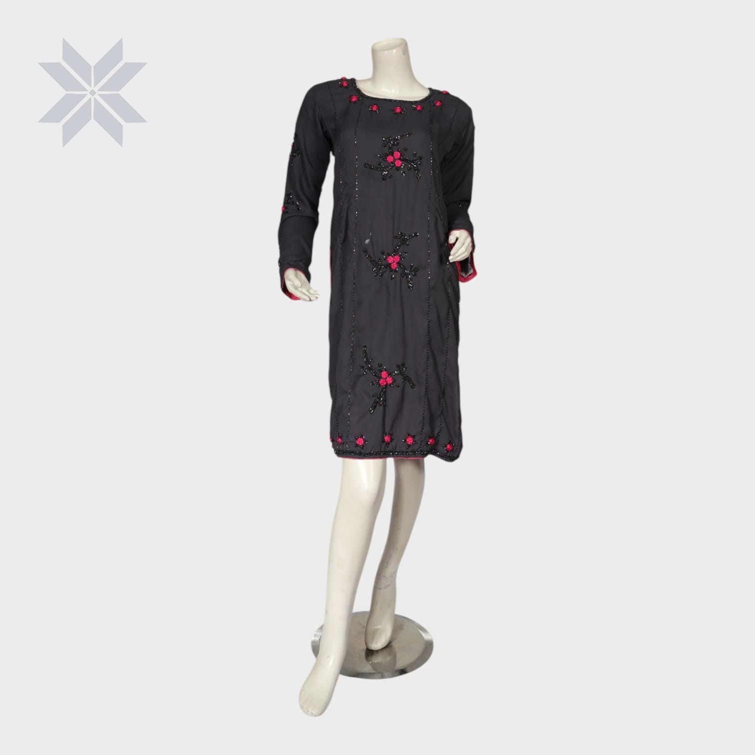  Black and Pink Hand-Embroidered Tunic Dress