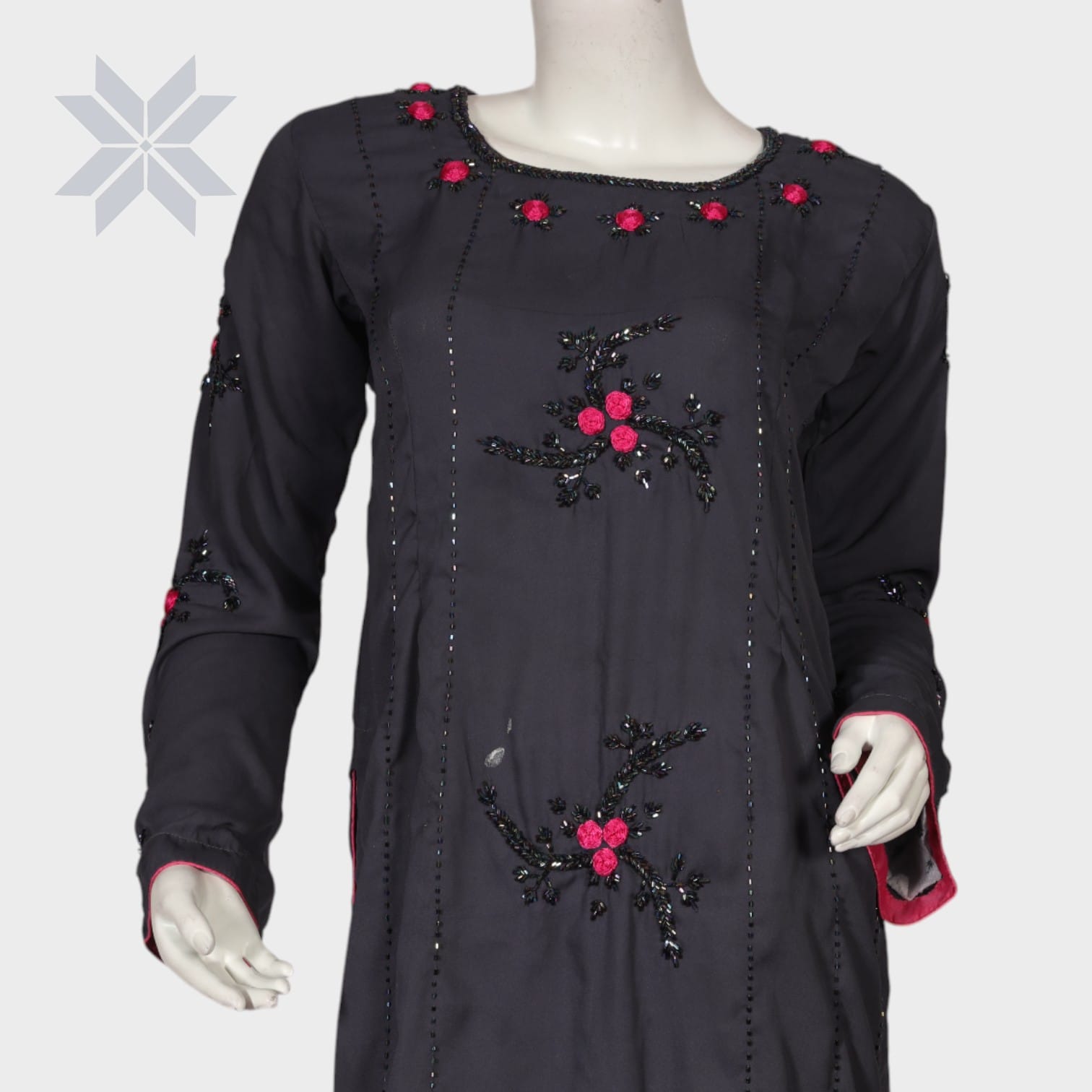  Black and Pink Hand-Embroidered Tunic Dress