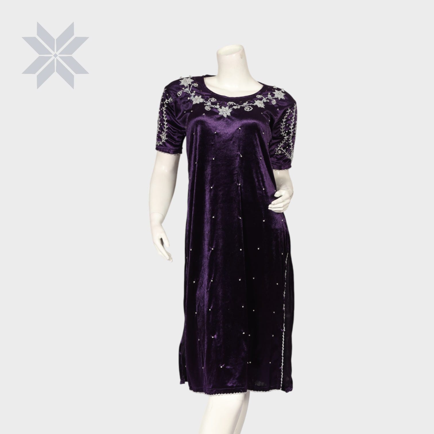 Deep Purple Embroidered Velvet Midi Dress
