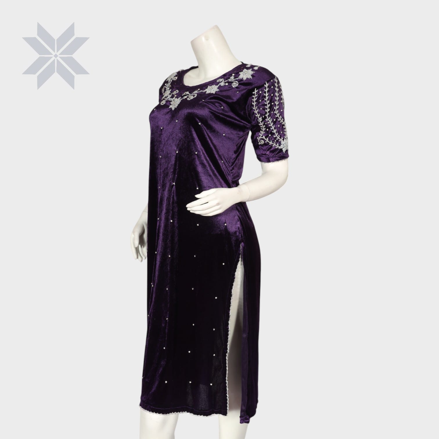 Deep Purple Embroidered Velvet Midi Dress
