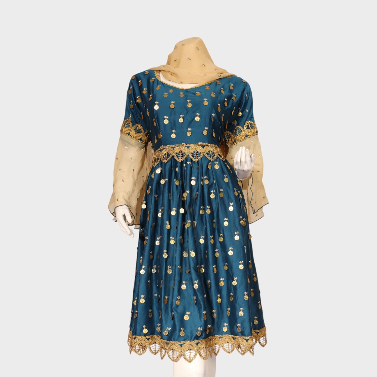 Teal & Gold Traditional Embroidered Party Dress with Dupatta