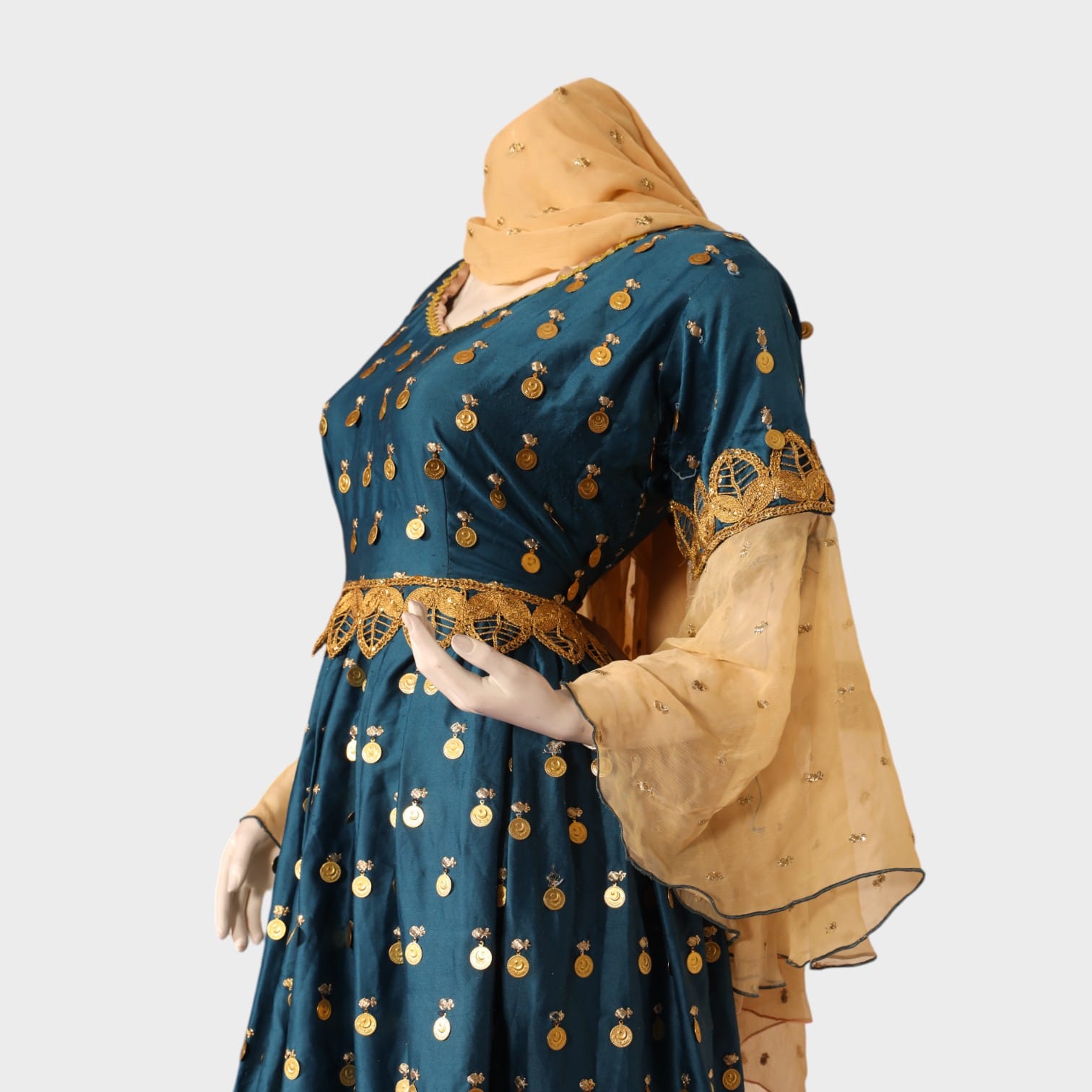 Teal & Gold Traditional Embroidered Party Dress with Dupatta