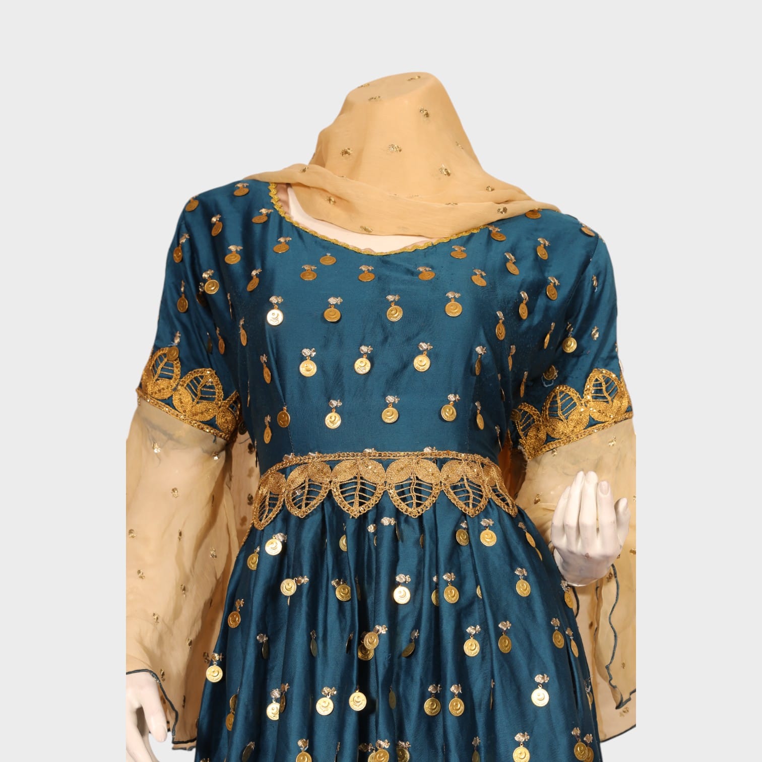 Teal & Gold Traditional Embroidered Party Dress with Dupatta