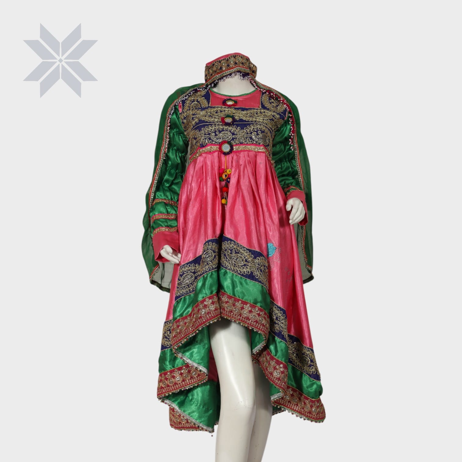 Pink & Green High-Low Traditional Afghani Dress