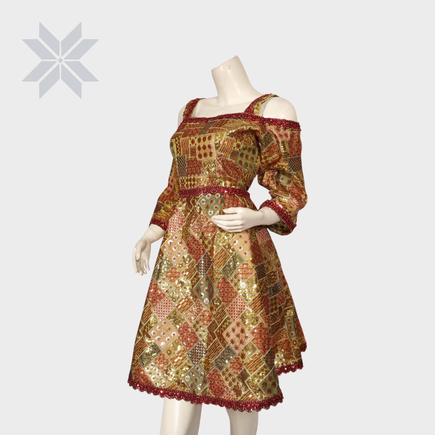 Golden Mosaic Off-Shoulder Dress