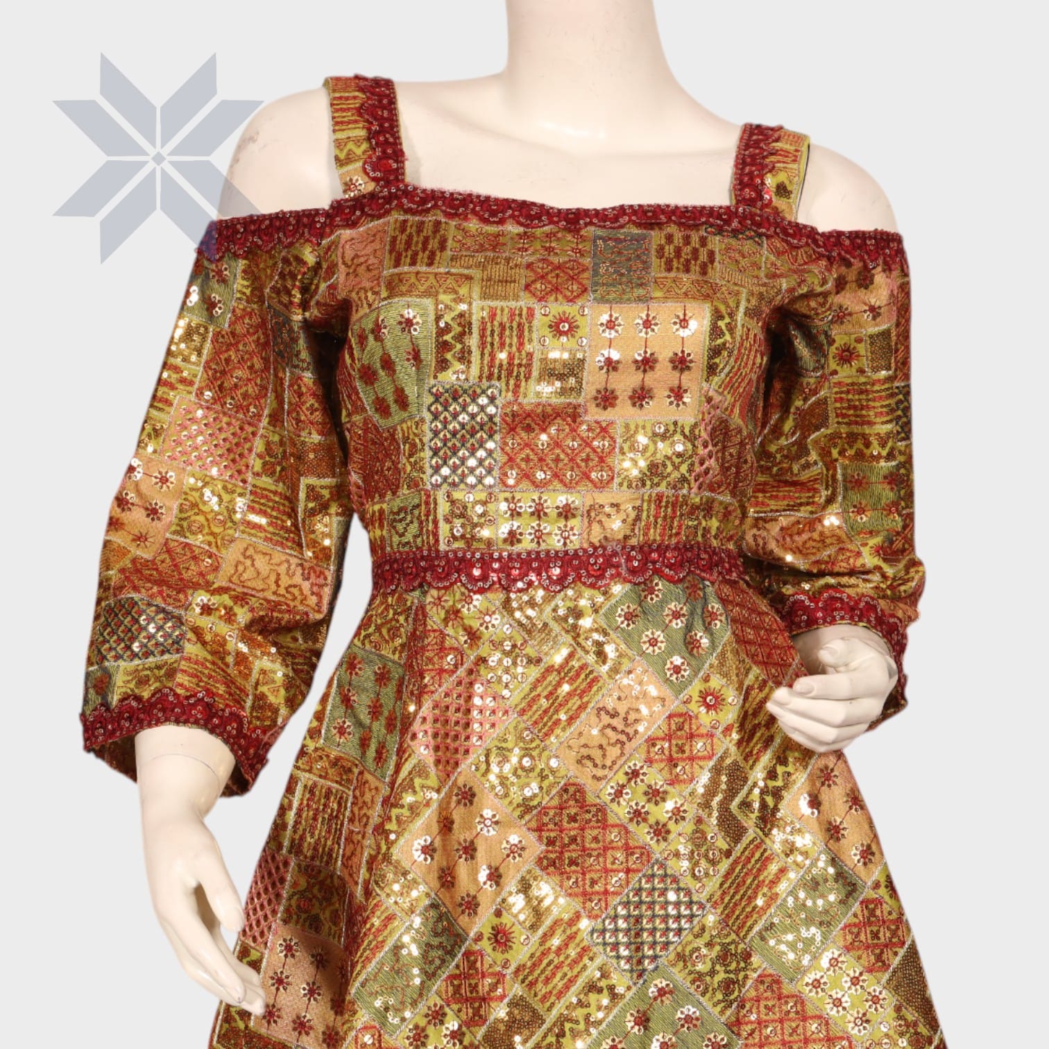 Golden Mosaic Off-Shoulder Dress