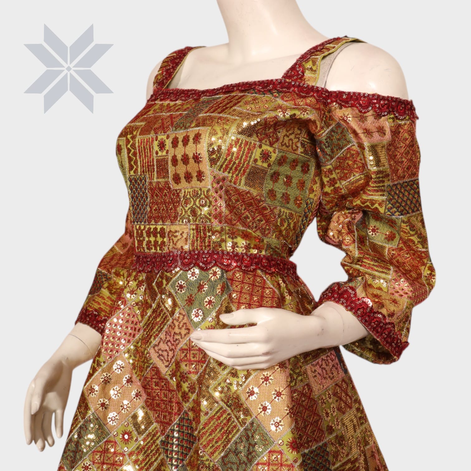 Golden Mosaic Off-Shoulder Dress
