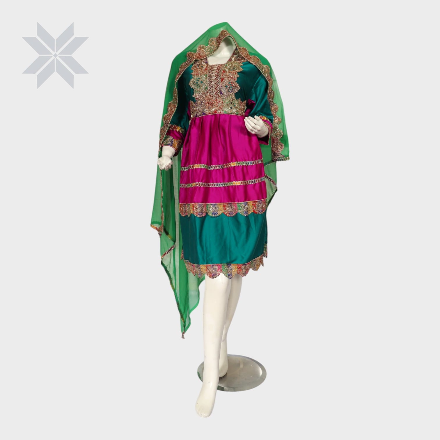 Ziba Green & Magenta Traditional Afghani Dress