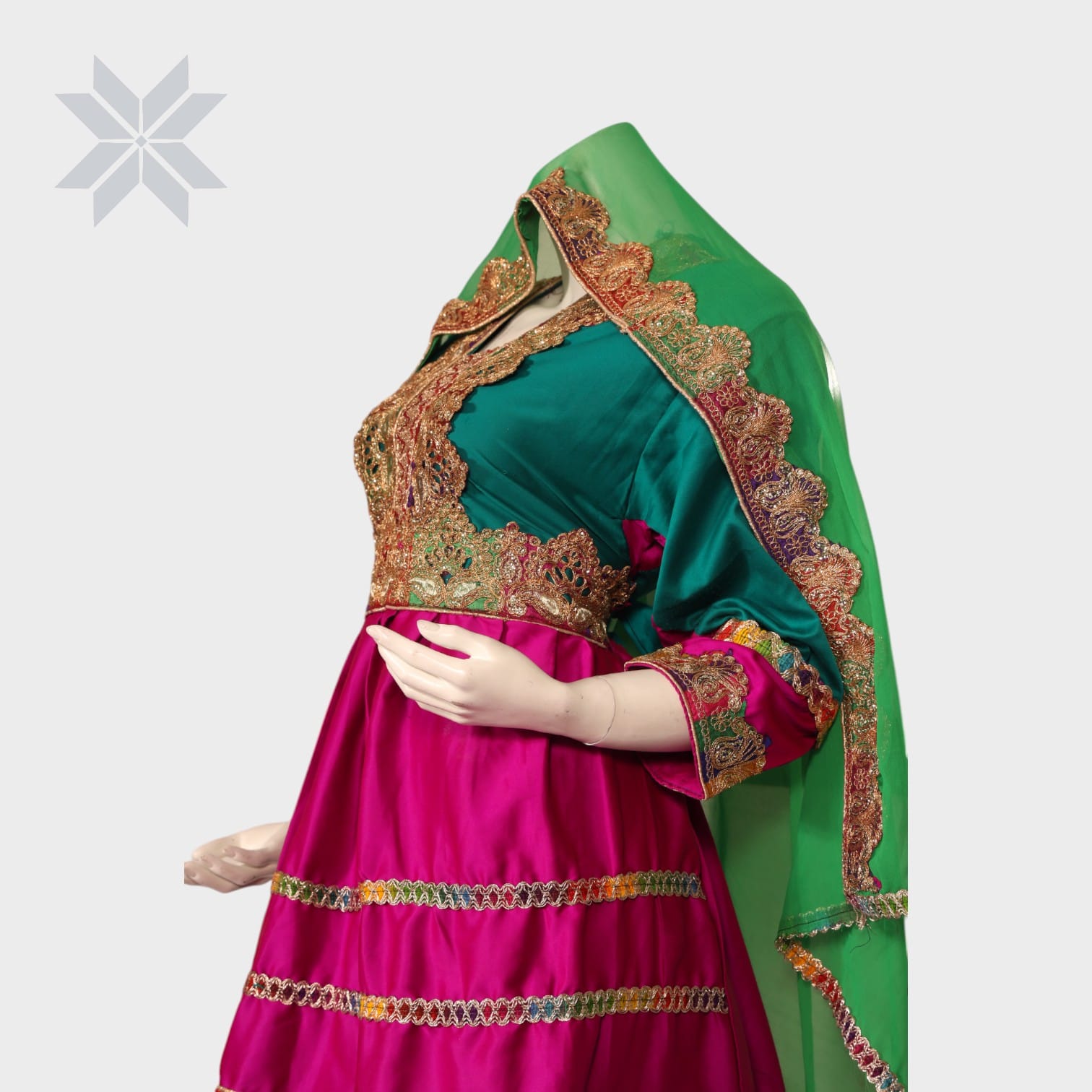 Ziba Green & Magenta Traditional Afghani Dress