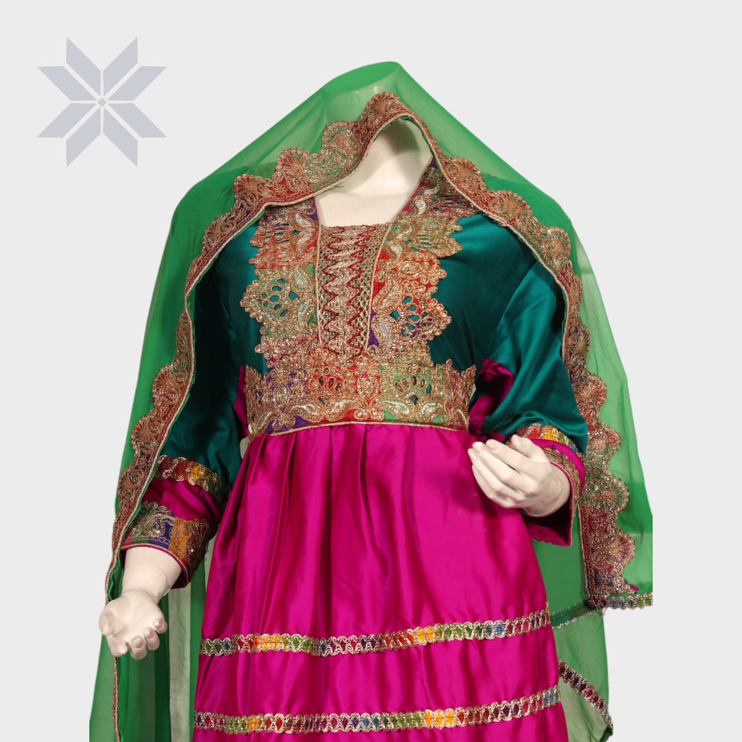 Ziba Green & Magenta Traditional Afghani Dress