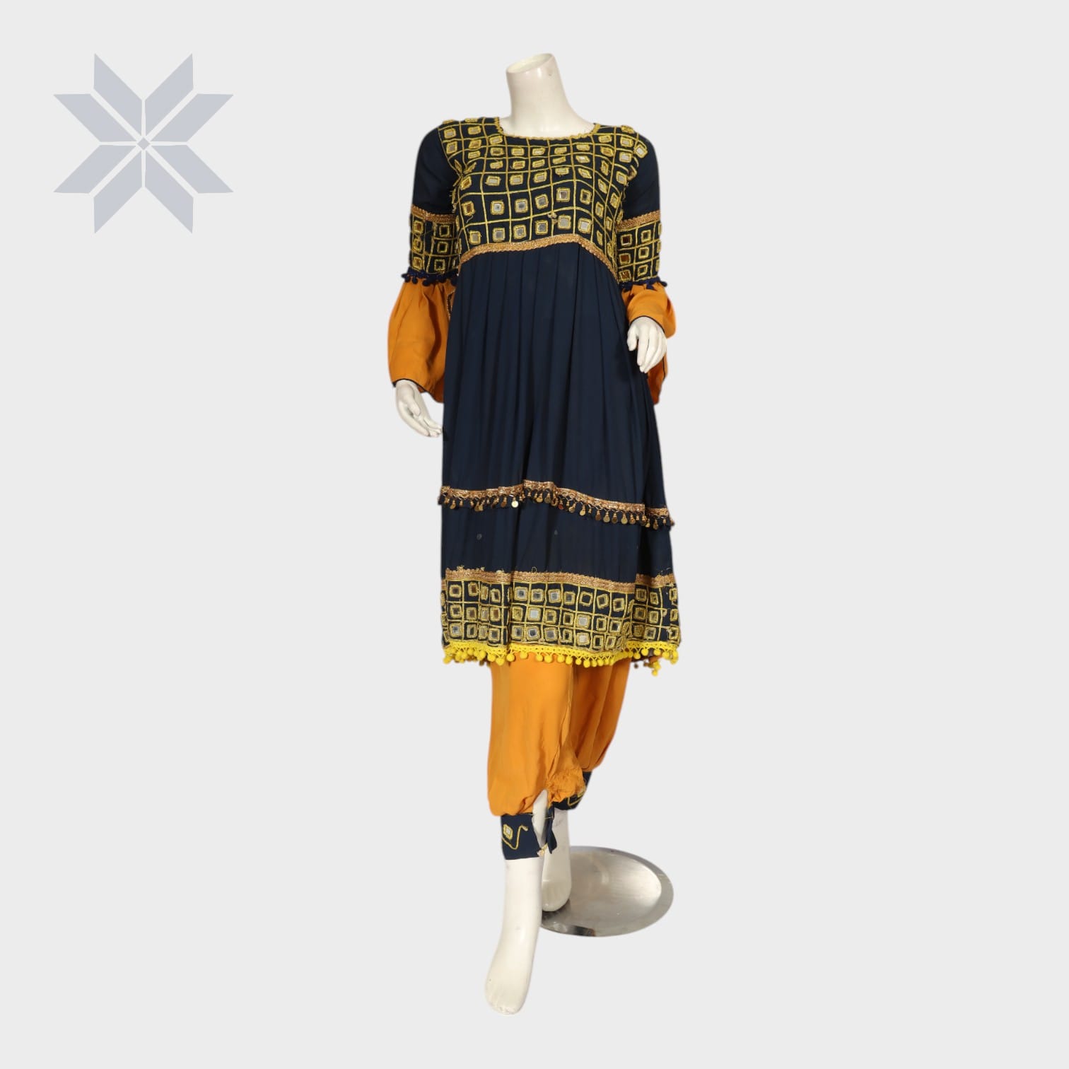 Zarina Navy & Mustard Embroidered Afghani Dress