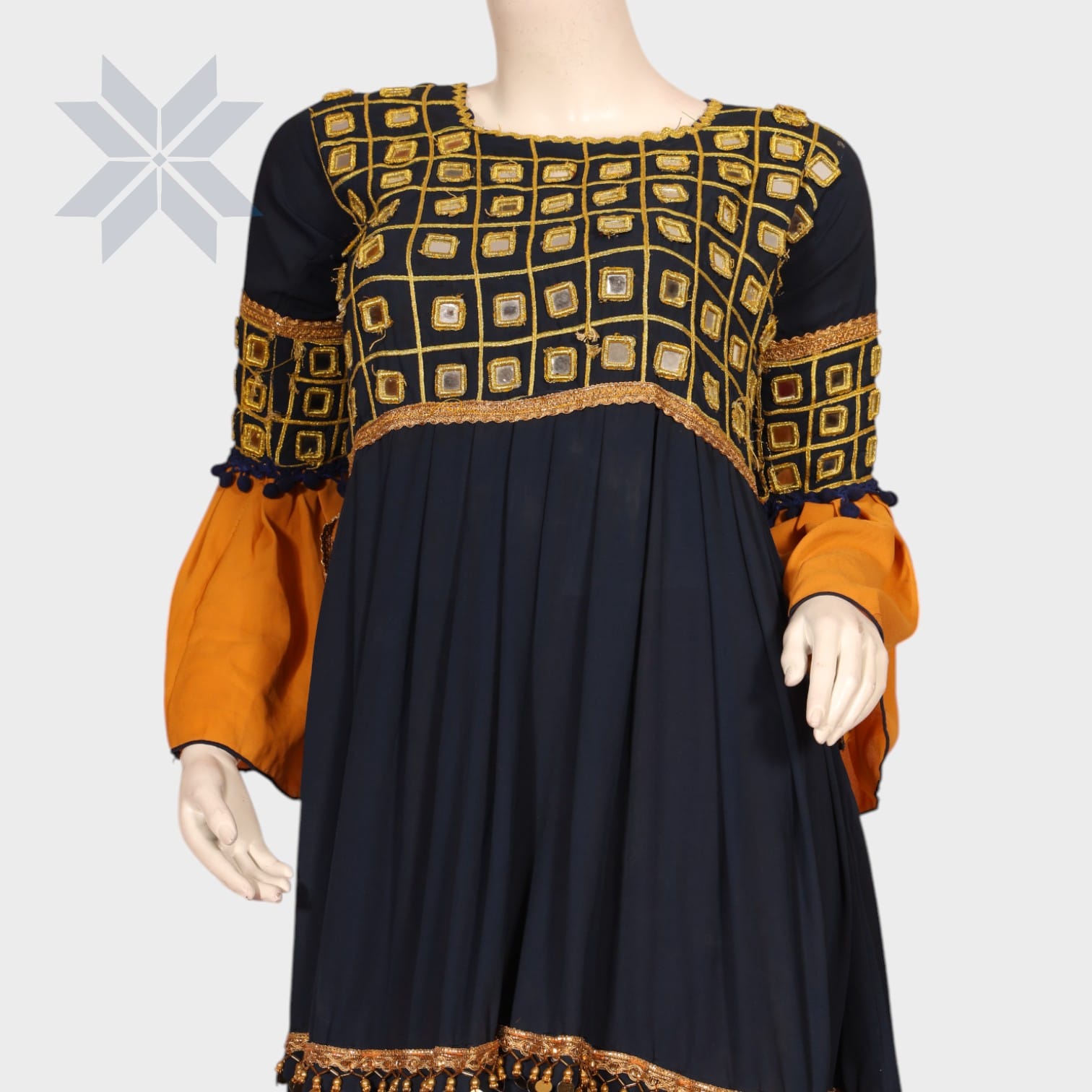 Zarina Navy & Mustard Embroidered Afghani Dress