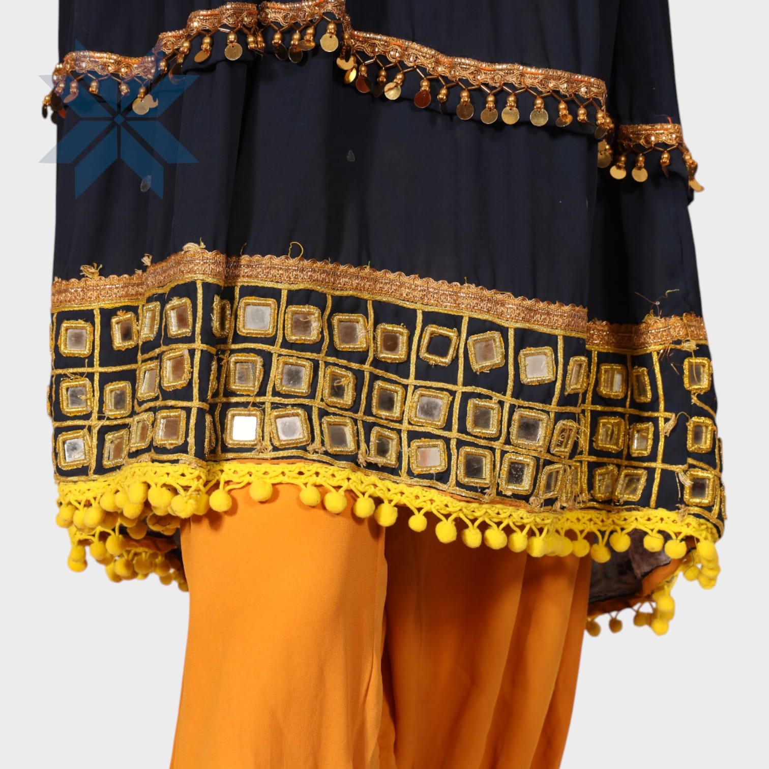 Zarina Navy & Mustard Embroidered Afghani Dress